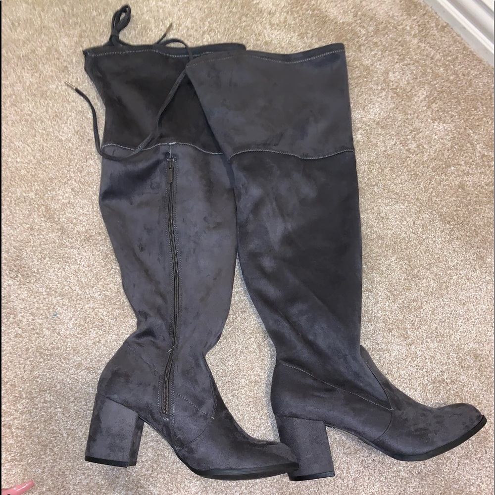 Grey faux suede above the knee boots
